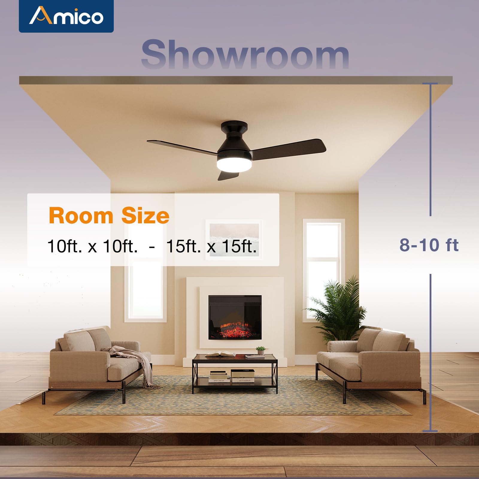 Amico Ceiling Fans with Lights, 42 inch Low Profile Ceiling fan with Light and Remote Control, Flush Mount, Reversible, 3CCT, Dimmable, Noiseless, Black Ceiling Fan for Bedroom, Indoor/Outdoor Use