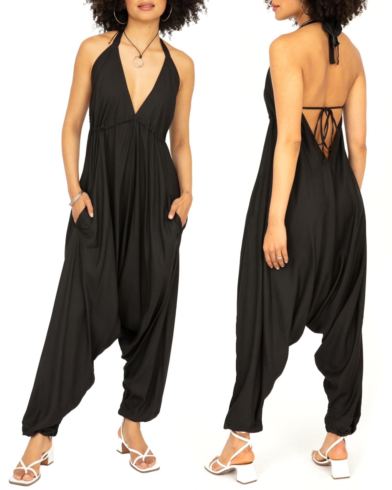 likemary Jumpsuits for Women UK - Harem Jumpsuit All in One - Halter Neck Genie Romper with Pockets - Sexy & Comfy One Piece Ideal for Holidays Black