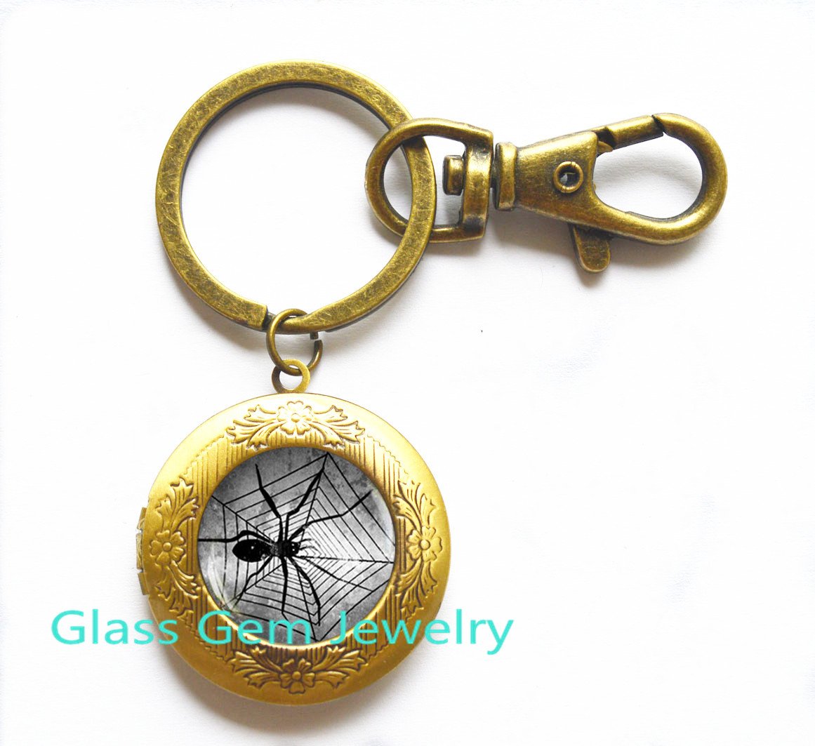 Spider Locket Keychain, Tarantula Locket Key Ring, Black