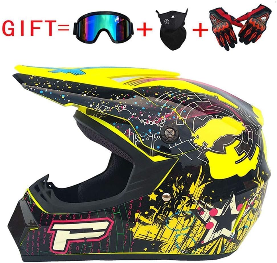 TCY88 Adult Motocross Helmet Cross Country and Off-Road Vehicle DOT Certified Four Seasons All-Around Gloves/Goggles/mask (Set of 4)