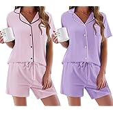 Ekouaer Womens Pajamas Set 2 Pack Button Down Summer Sleepwear Short Sleeve Comfy Pjs Loungewear Set