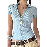 GORGLITTER Women's Striped Button Down Fitted Blouse Short Sleeve Gingham Collar Neck Cropped T Shirts