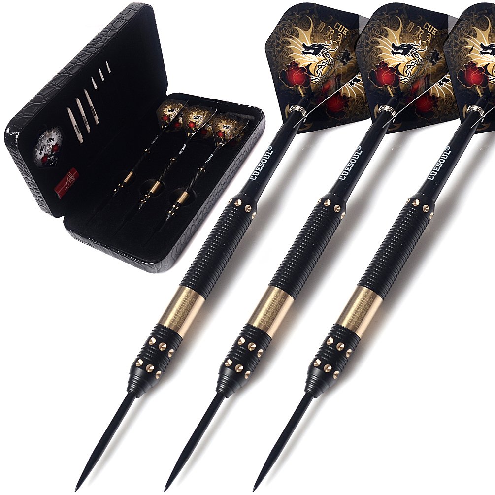 CUESOUL Dragon Series 25 Grams Professional Steel Tip Darts Set Brass Barrels Shockproof Deluxe PU Carry Case Nylon Shafts Well Balanced (JL-SL-J2203L)