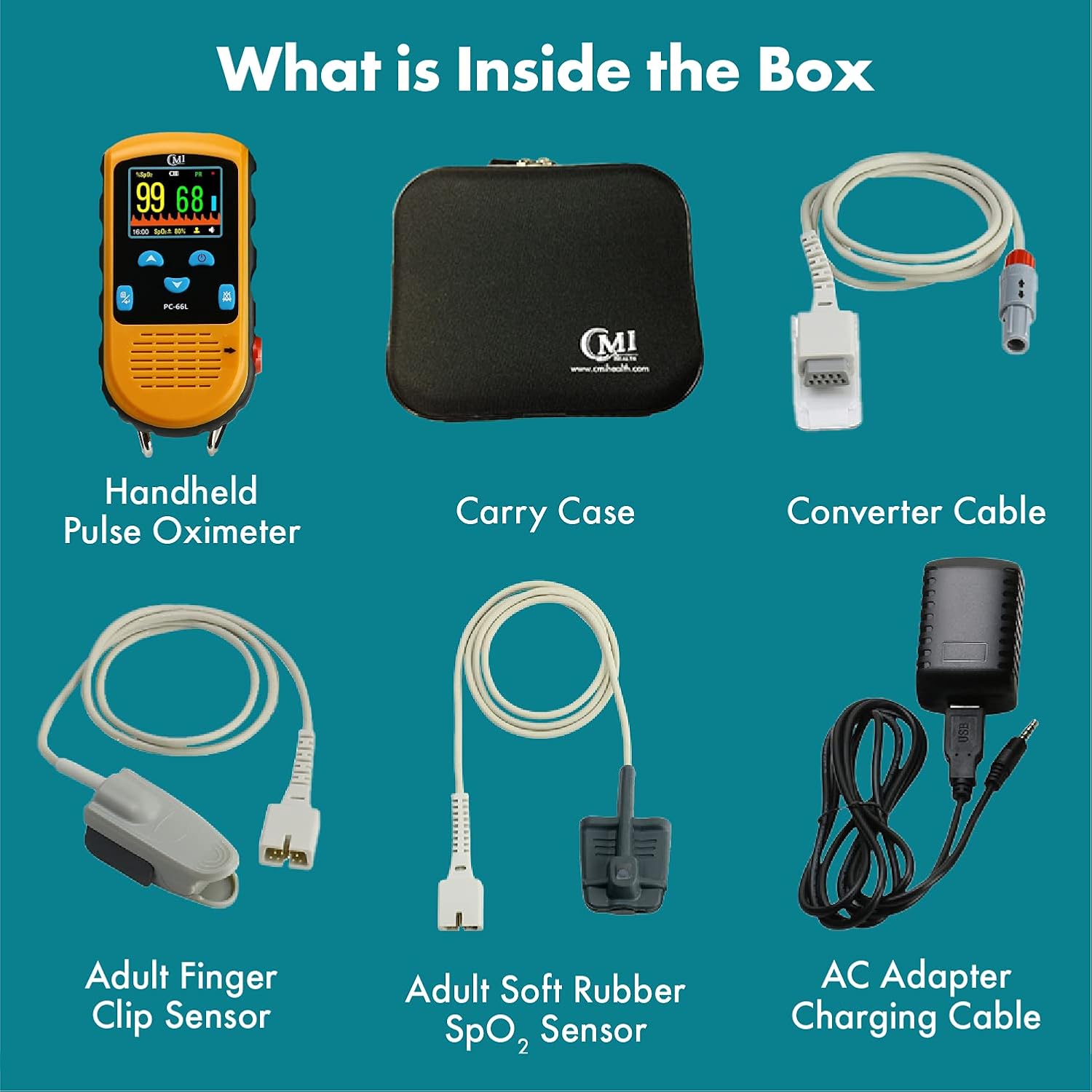 CMI Health Rechargeable Pulse Oximeter - Adult Finger Sensor for Continuous Monitoring & Spot-Checking - Adjustable Alarm for Pulse Rate and SpO2 Levels - Carry Case, AC Adapter Included: Health & Personal Care