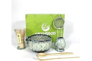 GEXHSRGD Matcha Whisk Set 6 pc Kit - Traditional Japanese Chasen, Bamboo Whisk Holder, Ceramic Bowl with Spout, Sifter & 2 pc Spoons - matcha kit set, Gift for Matcha Tea Lovers(Quenching Blue)