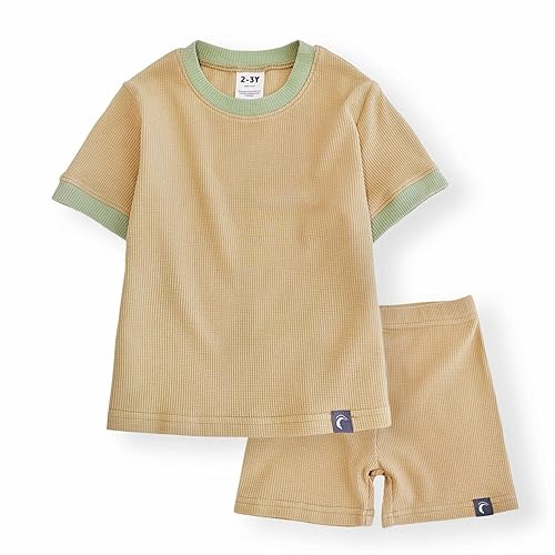 Moon Under the Bridge Kids' Lightweight Waffle Texture Summer Cotton Pyjama Matching Set for Boys and Girls Taupe 2-3