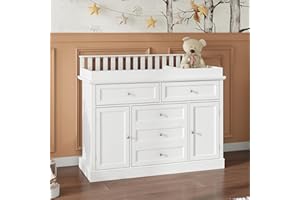ROMSHINE Nursery Dresser with Changing Table Top, 46" W Baby Dresser with 2 Drawers, Laundry Basket & Raised Guard, Infant Diaper Changing Storage Organize Station for Nursery and Baby Bedroom, White