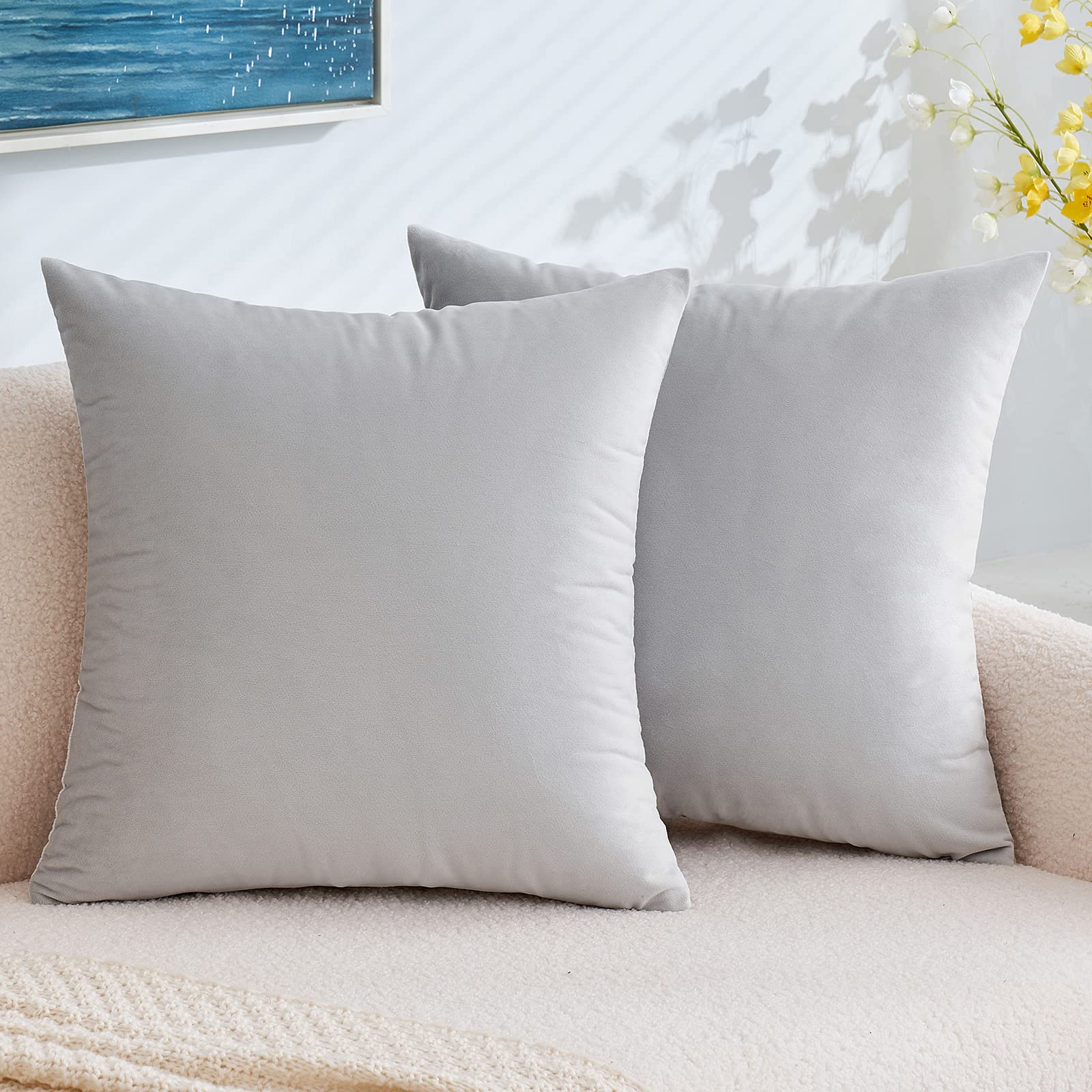 Photo 1 of EMEMA Pack of 2 Velvet Pillow Covers Decorative Square Pillowcase Soft Solid Cushion Case for Sofa Bedroom Car 20x20 Inch Greyish White