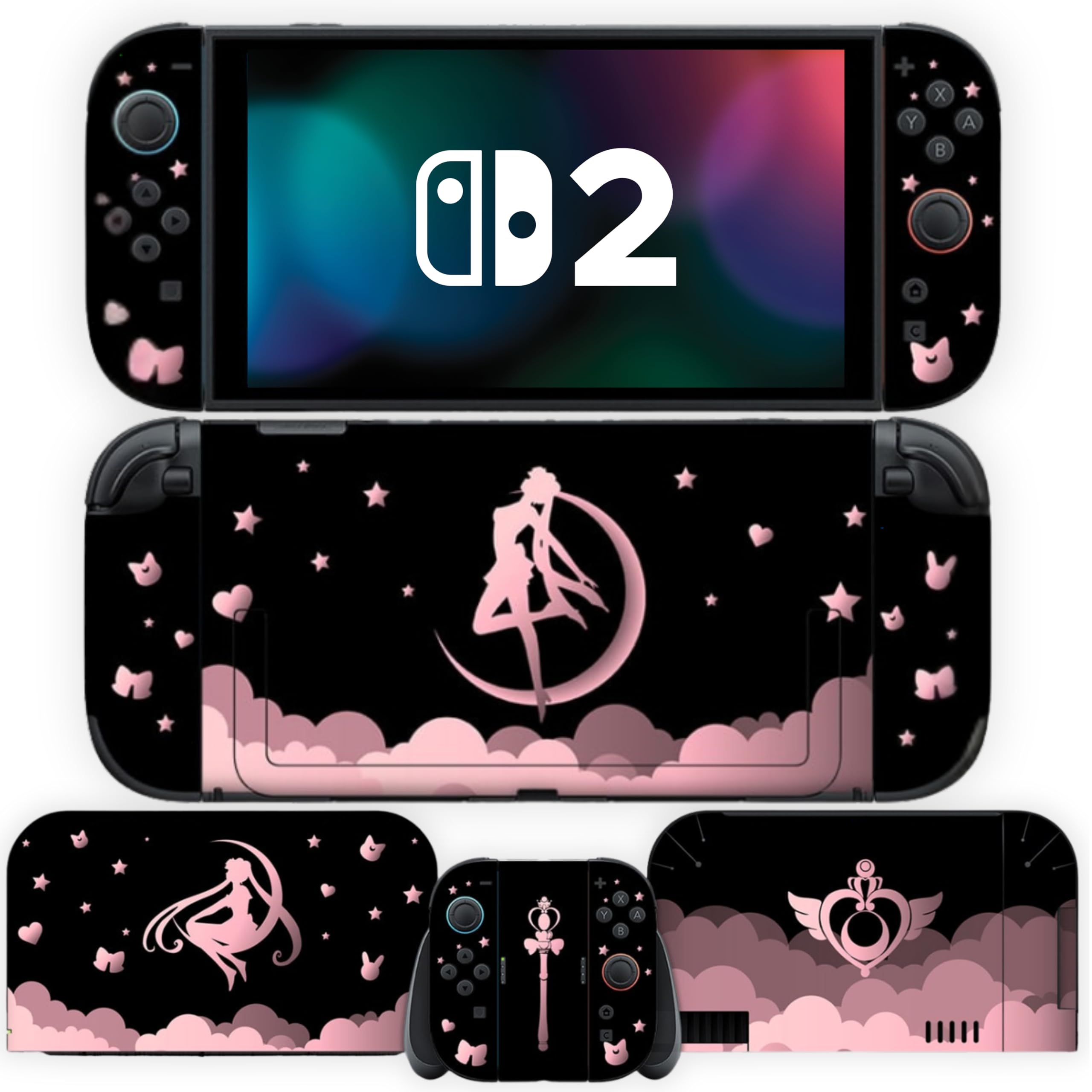 BelugaDesign Magical Girl Skin | Compatible with Nintendo Switch 2 | Cute Pink Black Kawaii Anime Vinyl Wrap Decal | Pastel Stars Moon Clouds Japanese Cartoon Console & Dock Sticker Protective Cover