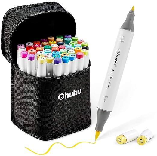 Ohuhu 48 Colours Alcohol Brush Markers, Ohuhu Double Tipped (Brush & Fine Tip) Sketch Markers