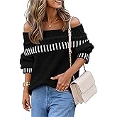 MEROKEETY Women's Off Shoulder Sweater 2025 Fall Winter Fashion Oversized Ribbed Knit Striped Pullover Tops