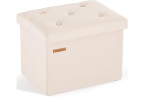 HAUSFRAU Storage Ottoman Foot Rest Stool, Small Folding Ottoman with Storage, Tufted Square Cube Footrest, Linen Beige