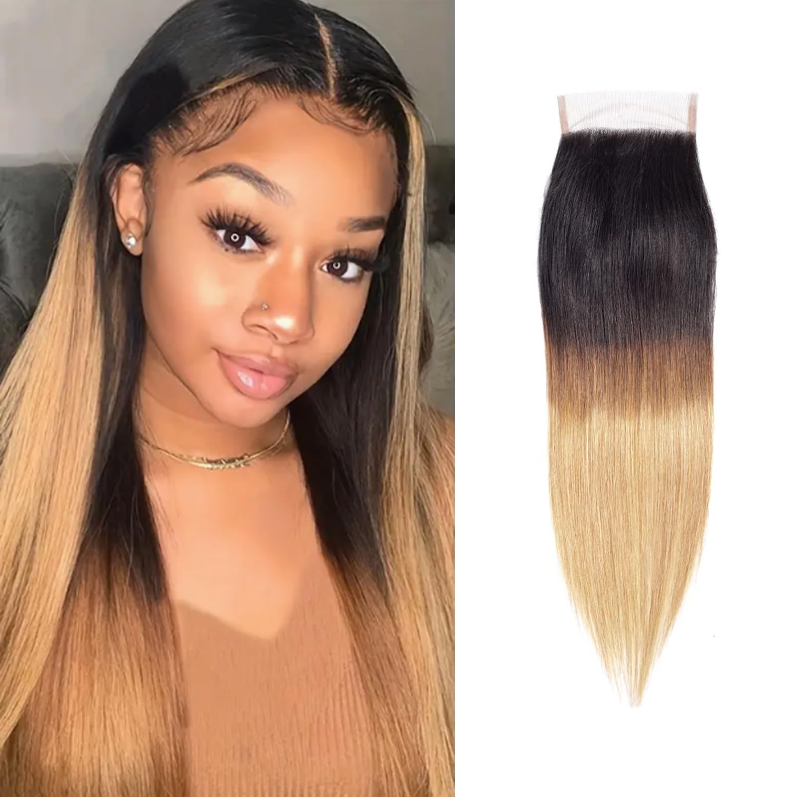 Transparent 4x4 Lace Closure 1B/4/27 Two Tone Highlight Brown Mix Blonde 150% Density Pre Plucked Hairline Straight Human Hair 10 Inch