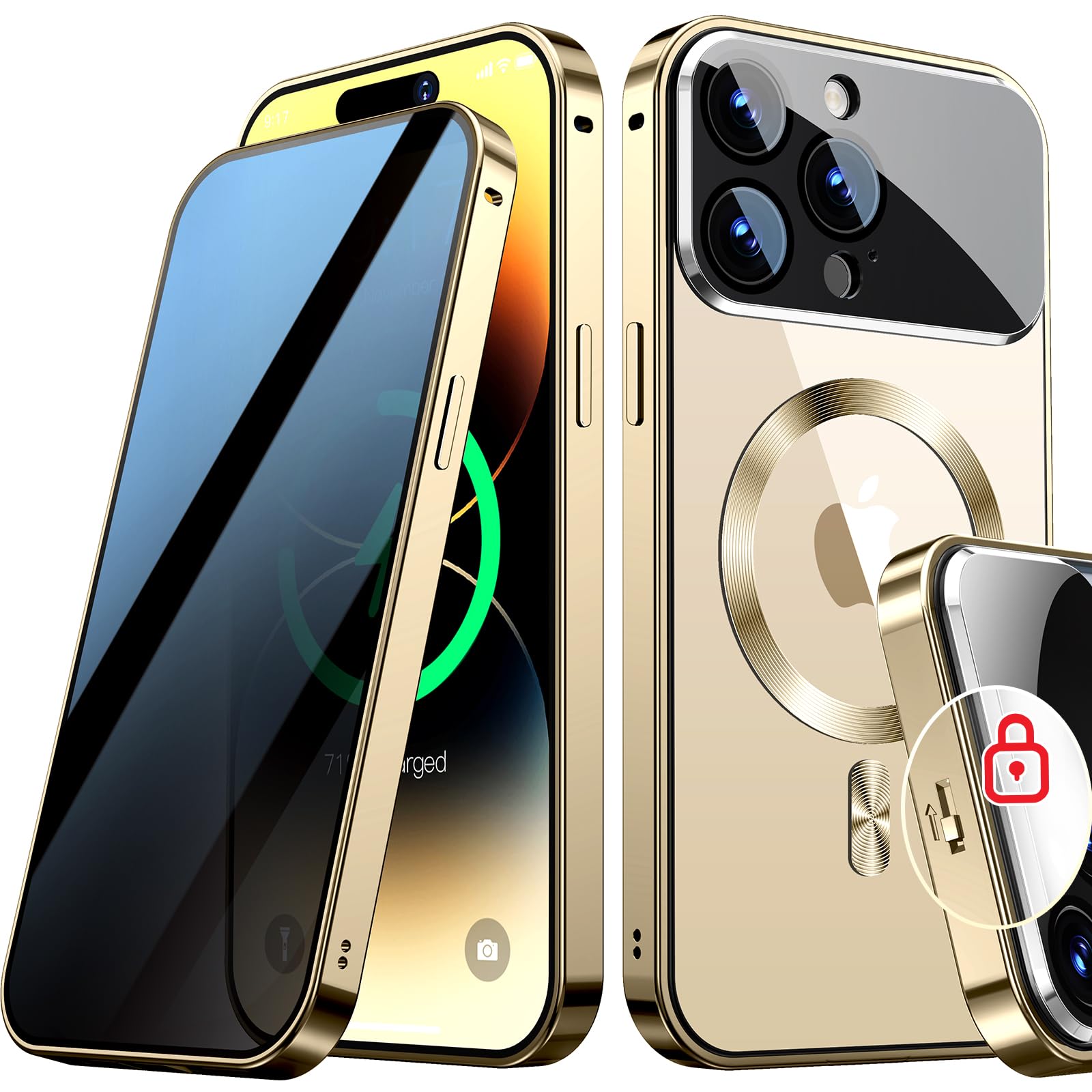 Photo 1 of [Full Camera Protection& Mechanical Lock]Magnetic Privacy Case for iPhone 15 Pro Max[Compatible with MagSafe][CD Metal Ring] Full Body Shockproof Metal Bumper, 9H Anti Peeping Glass Cover-Gold