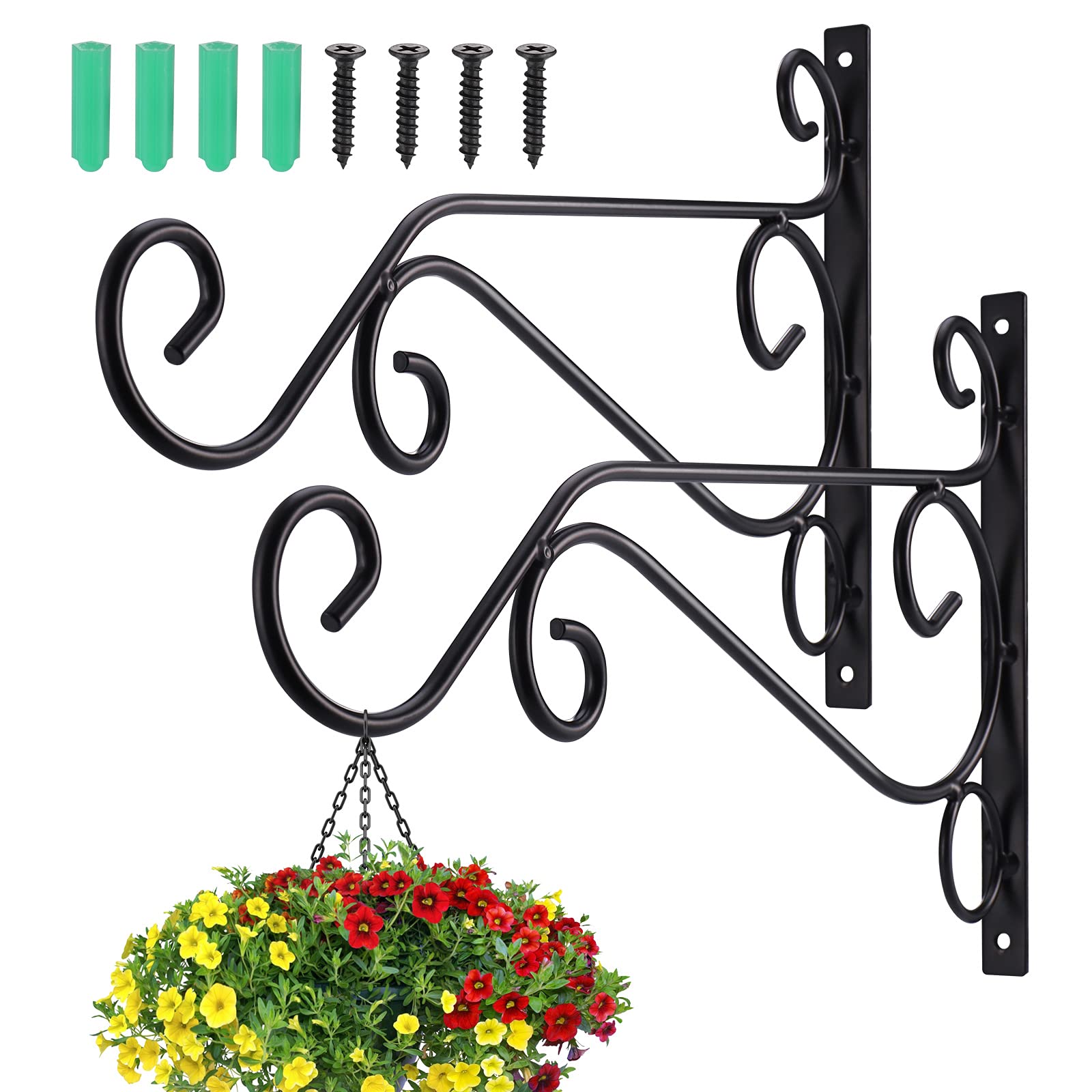 Zocipro 2Pcs Hanging Basket Brackets, Metal Wall Hanging Hooks, Suitable for Outdoor Gardening Decoration, Flower Pots, Bird Feeders, String Light