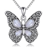 MILKYX Butterfly Moonstone Necklace, 925 Sterling Silver Vintage Pendant with Natural Gemstone, Boho Hypoallergenic Jewelry Gift for Her