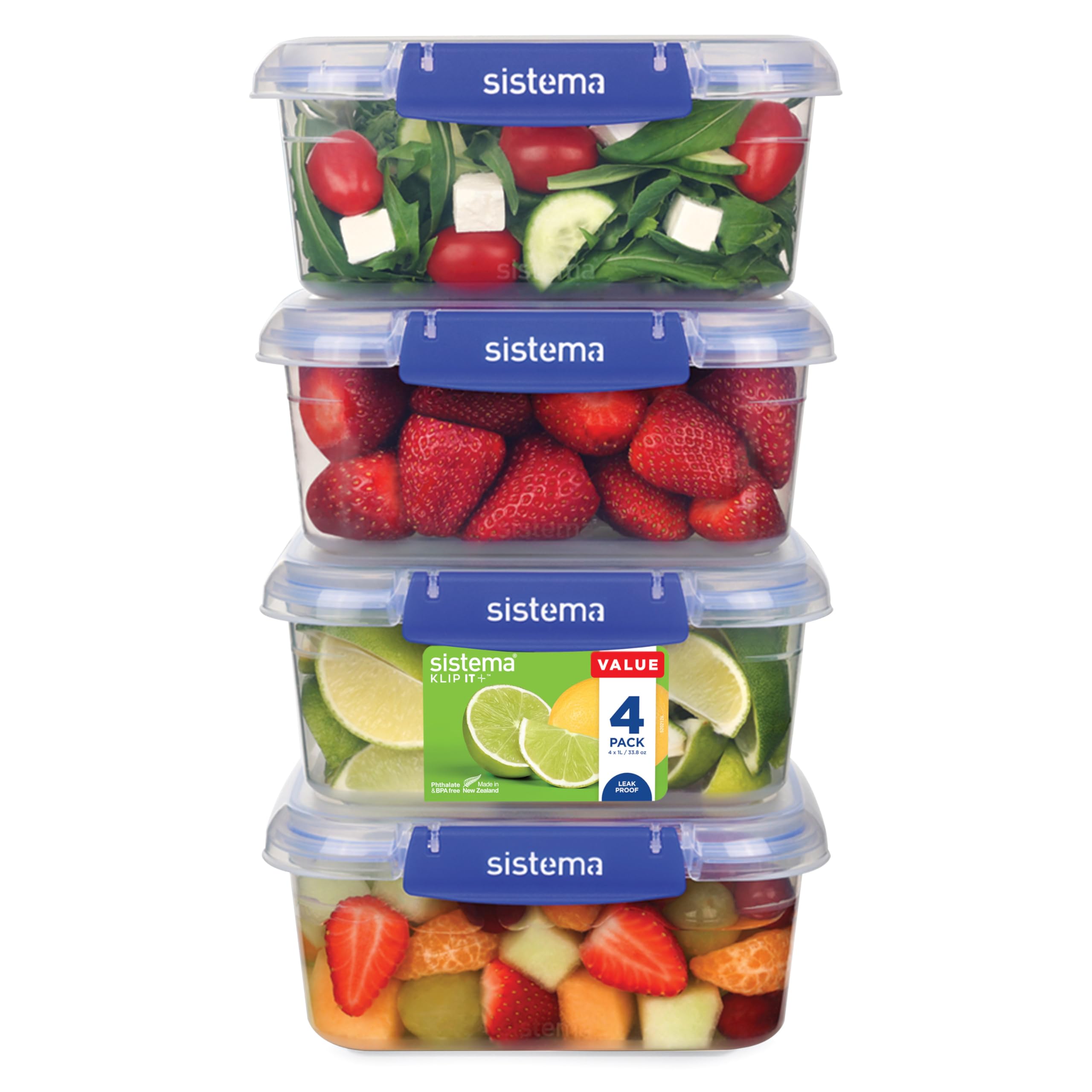 Sistema KLIP IT PLUS Frischhaltedosen-Set | 1 L | 4 luftdichte Behälter | Auslaufsicherer Verschluss | Einfache Verschlussclips | BPA-Frei