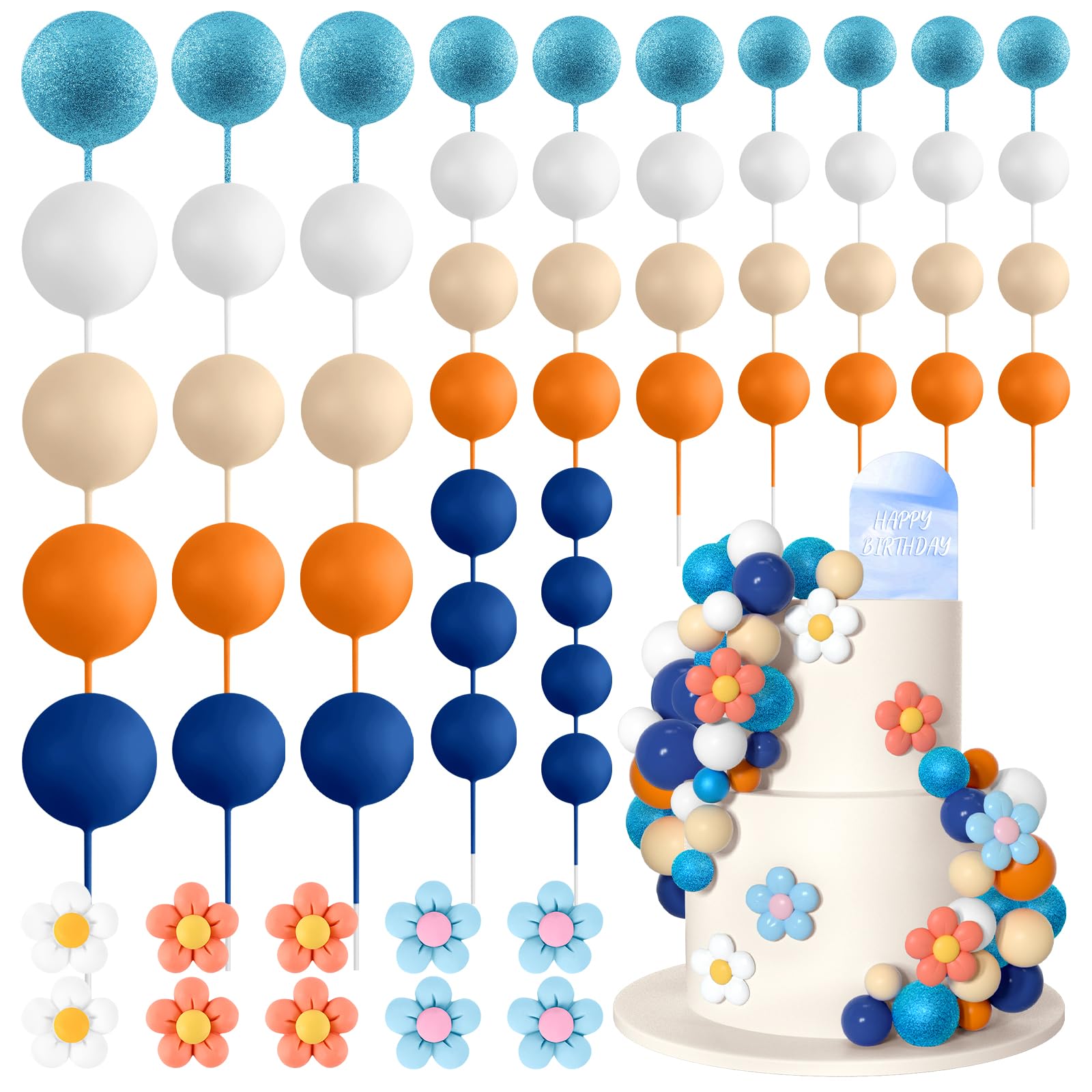 Photo 1 of Bouiexye 61 Pcs Boho Cake Topper Balls Decorations Mini Balloon Cake Topper Retro Hippie Daisy Flower Acrylic Ball Cake for Birthday Party Wedding Rainbow Baby Shower (Blue Orange)