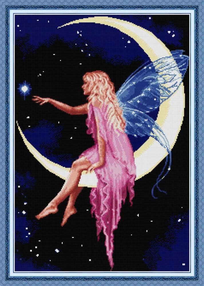 CaptainCrafts Hot New Stamped Cross Stitch Kits Preprinted Pattern and Counted White Fabric Embroidery Needlepoint Adults Kits for Home Decor Crafts Kit The Moon Fairy (Stamped 11CT)