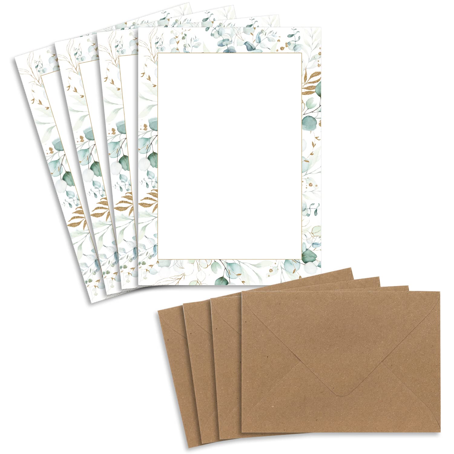 Glüxx Agent Writing Paper Set, 25 Sheets DIN A5, 120 g/m², Cream with Eucalyptus Frame, 25 Envelopes DIN C6, Sand Brown, Matte, Ideal for Wedding Invitations