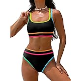 popvil High Waisted Bikini Sets: Women's Sporty Two Piece Swimsuits Neon Scoop Neck Bathing Suits Beach Vacation