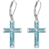 CUPENDA Cross Earrings 925 Sterling Silver Cross Turquoise Dangle Drop Earring Religious Valentine's Day Jewelry for Women Christian