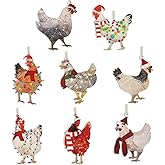 Woanger 8 Pcs Wood Chicken Christmas Ornaments Set Hanging Funny Scarf Chicken Christmas Tree Decorations Holiday Ornaments for Home Family