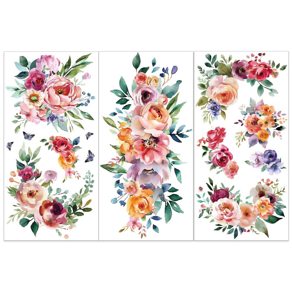 OLYCRAFT 3pcs/Set Watercolor Flower Rub on Transfers for Furniture and Crafts 15x30cm Roses Decor Transfer Stickers Floral Rub on Decals for Wood Furniture Scrapbooking Home Decorations