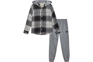AEROPOSTALE Boys Jogger Pant Set - 2 Piece Flannel Hooded Button Down Shirts and Boys Joggers Sweatpants Clothing Set (8-12)