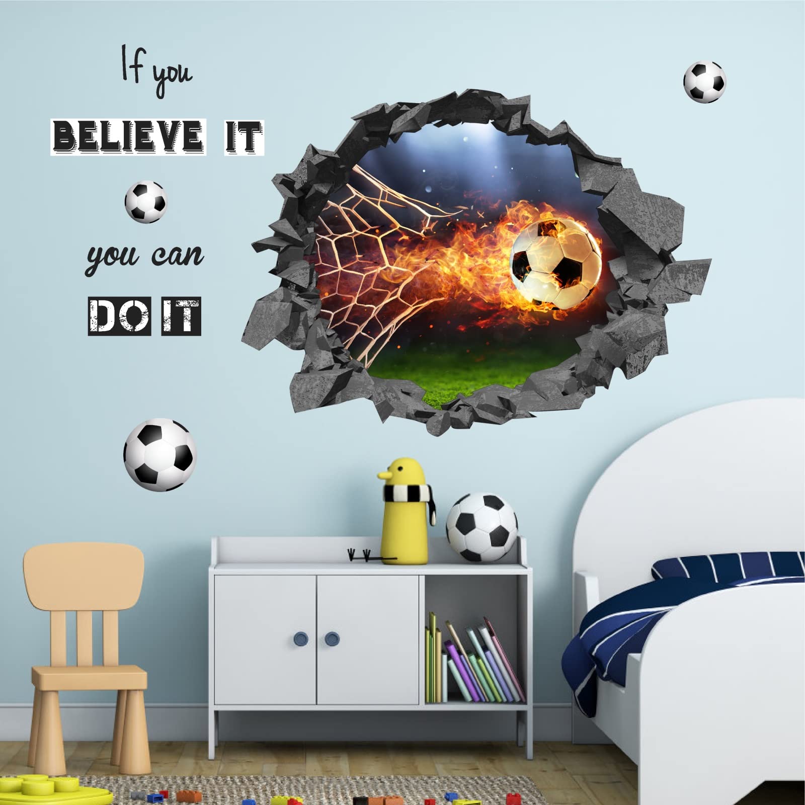 Large 3D Football Wall Sticker Soccer Wall Stickers for Bedrooms for Boys Football Player Wall Decals Peel and Stick Sport Vinyl Wall Art Stickers for Kids Room Playroom Teenagers Bedroom Accessories