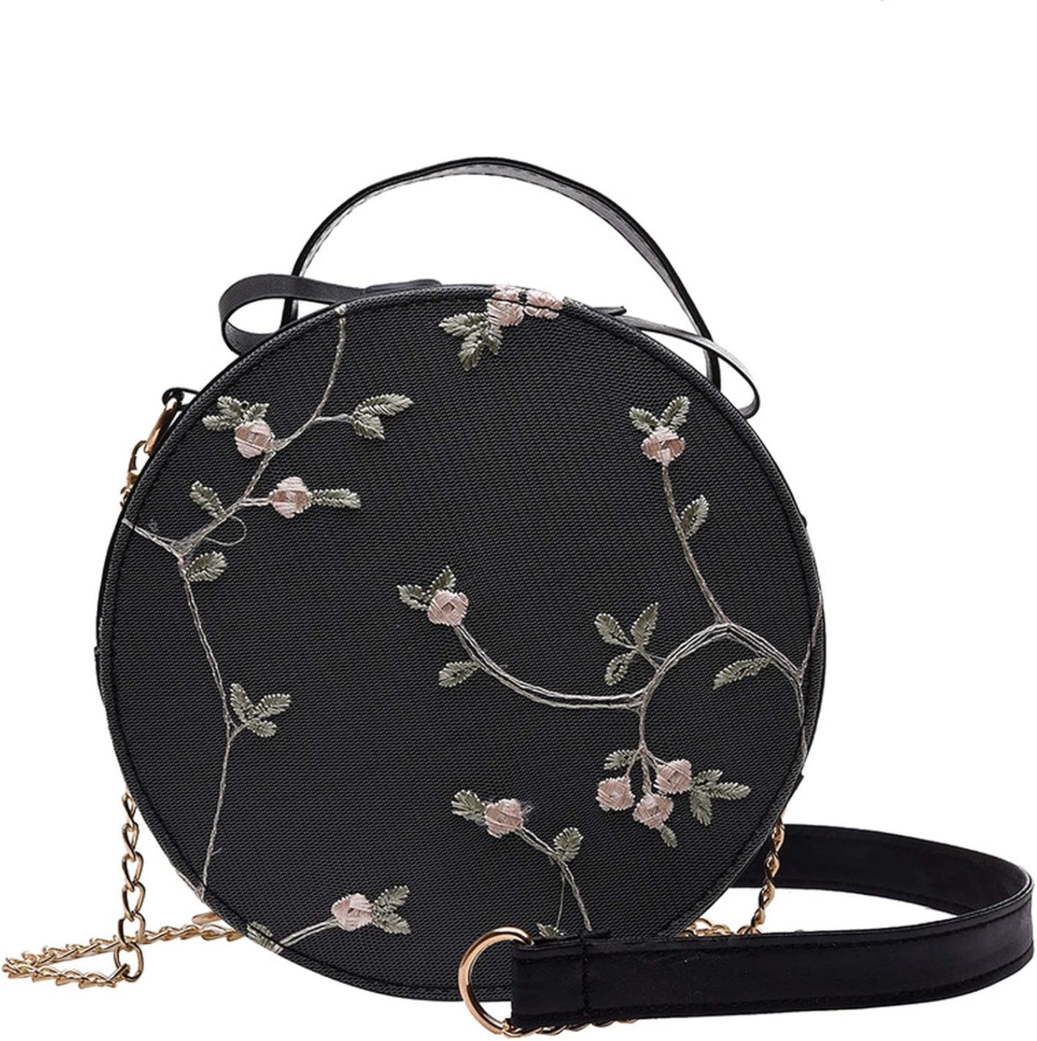 Embroidery Round Lace Pu Leather Shoulder Bag Female Crossbody Bag