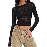 Kenaque Women's Long Sleeve Crewneck Cut Out Back Lace T Shirts Sexy Mesh Slim Fit Y2k Going Out Crop Tops Streetwear