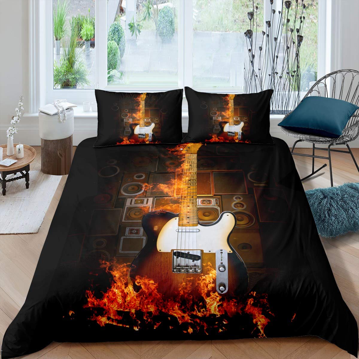 Guitar Bedding Set Rock Music Themed Comforter Cover for Kids Boys Girls Teens Fire Musical Pattern Duvet Cover Sound Speaker Bedspread Cover Electric Guitar Room Decor 2Pcs Quilt Cover Single Size — image 1