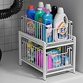 2 Tier Sliding Basket Drawer Organizer, Lxmons Pull Out Under Sink Cabinets Organizers, Metal Home Shelf for Bathroom or Kitchen, Sliding Countertop or Pantry Storage Shelf, Large White