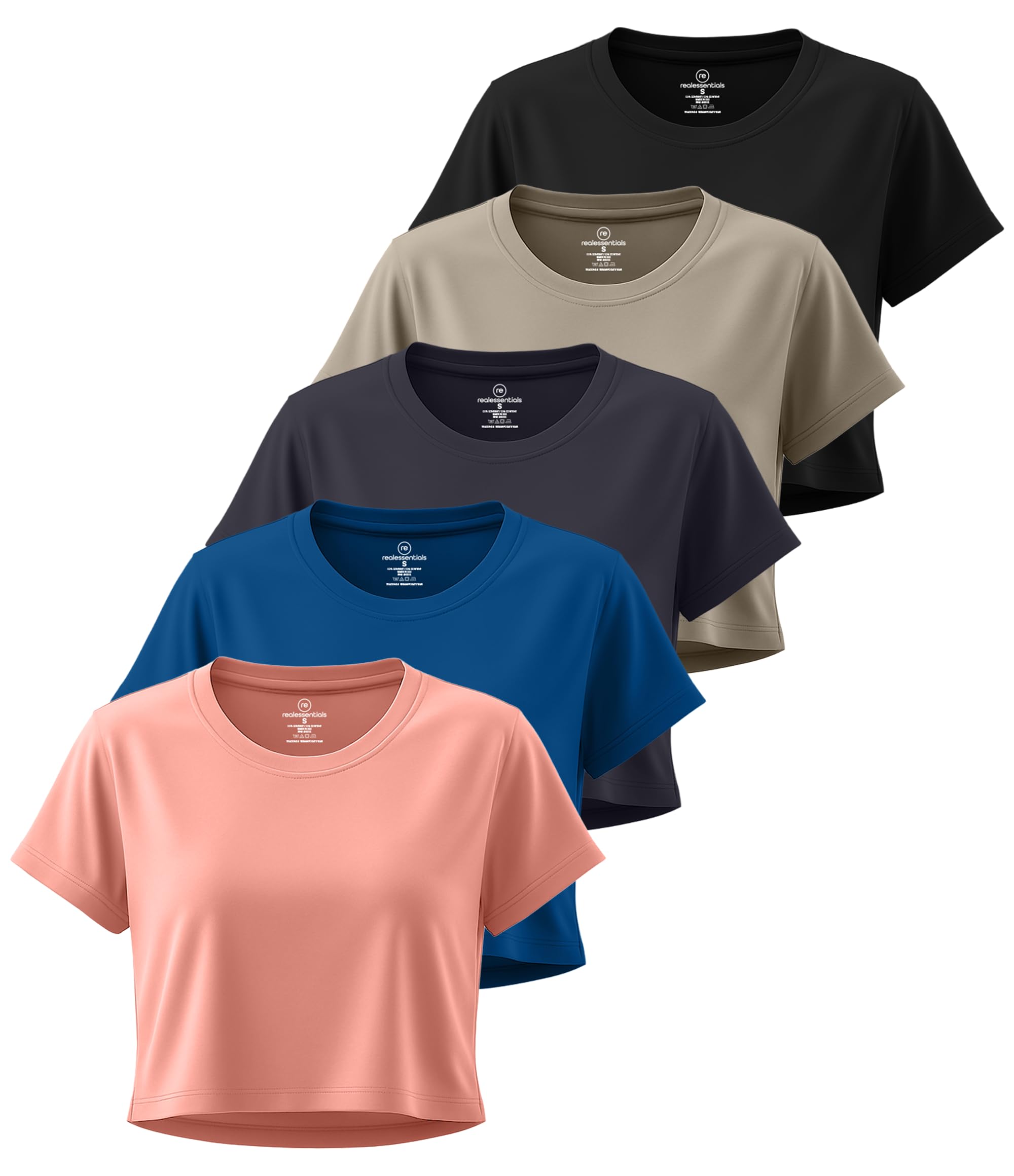 Photo 1 of Real Essentials 5 Pack: Women's Dry Fit Crop Top - Short Sleeve Crew Neck Stretch Athletic Tee (Available in Plus Size) - Set 8, L