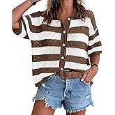Cicy Bell Womens Summer Striped Crochet Cardigan Sweater Half Sleeve Button up Tops Loose Fit Cover Up