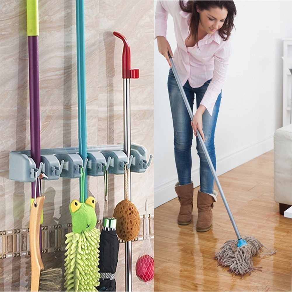 DayBuy Mop and Broom Holder Wall Closet Mounted with 5 Position and 6 Hooks Organizer Rakes Automatic Handle Grips Household Tool and Garage Storage Organization Racks