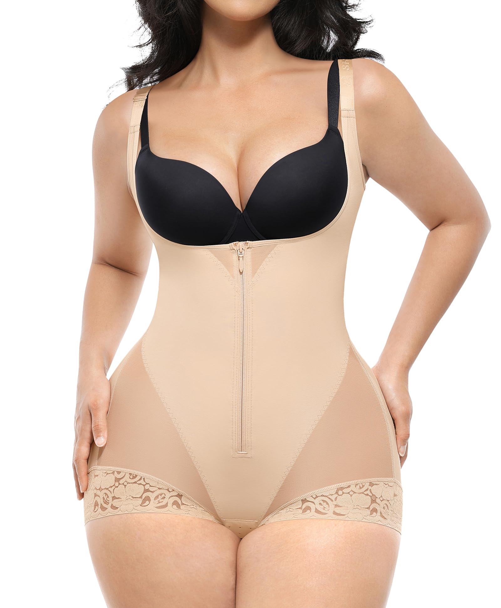 Photo 1 of SHAPELLX Shapewear for Women Tummy Control Bodysuit Fajas Body Shaper Butt Lifter Waist Trainer Open Bust (Beige Medium)