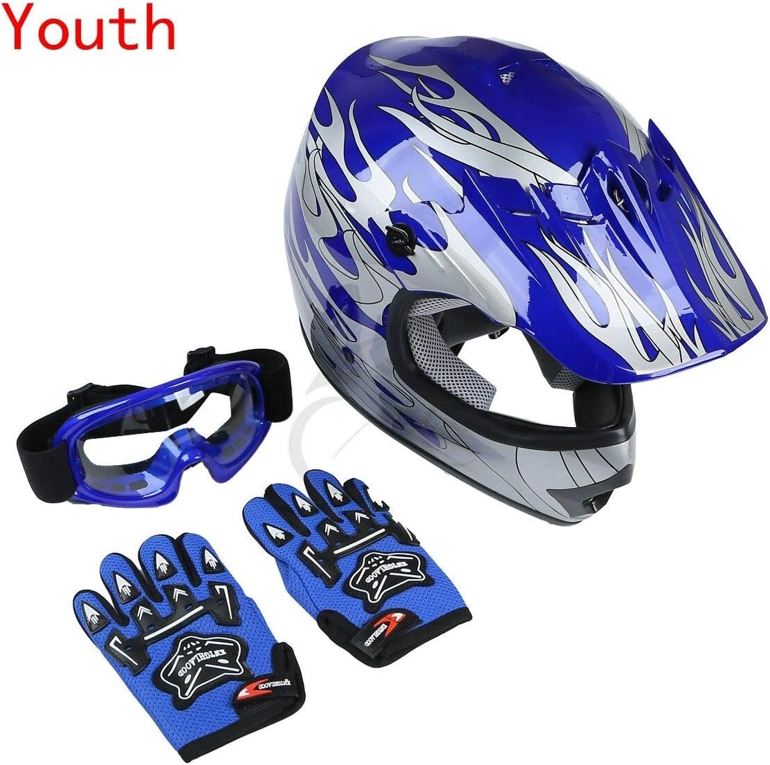 TCTMT Youth &Kids DOT Helmet + Goggles+Gloves Blue Flame