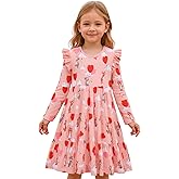 Girl Long Sleeve Dress Ruffle Rainbow Color Block Cotton Casual Tiered Pleated Twirly Dress