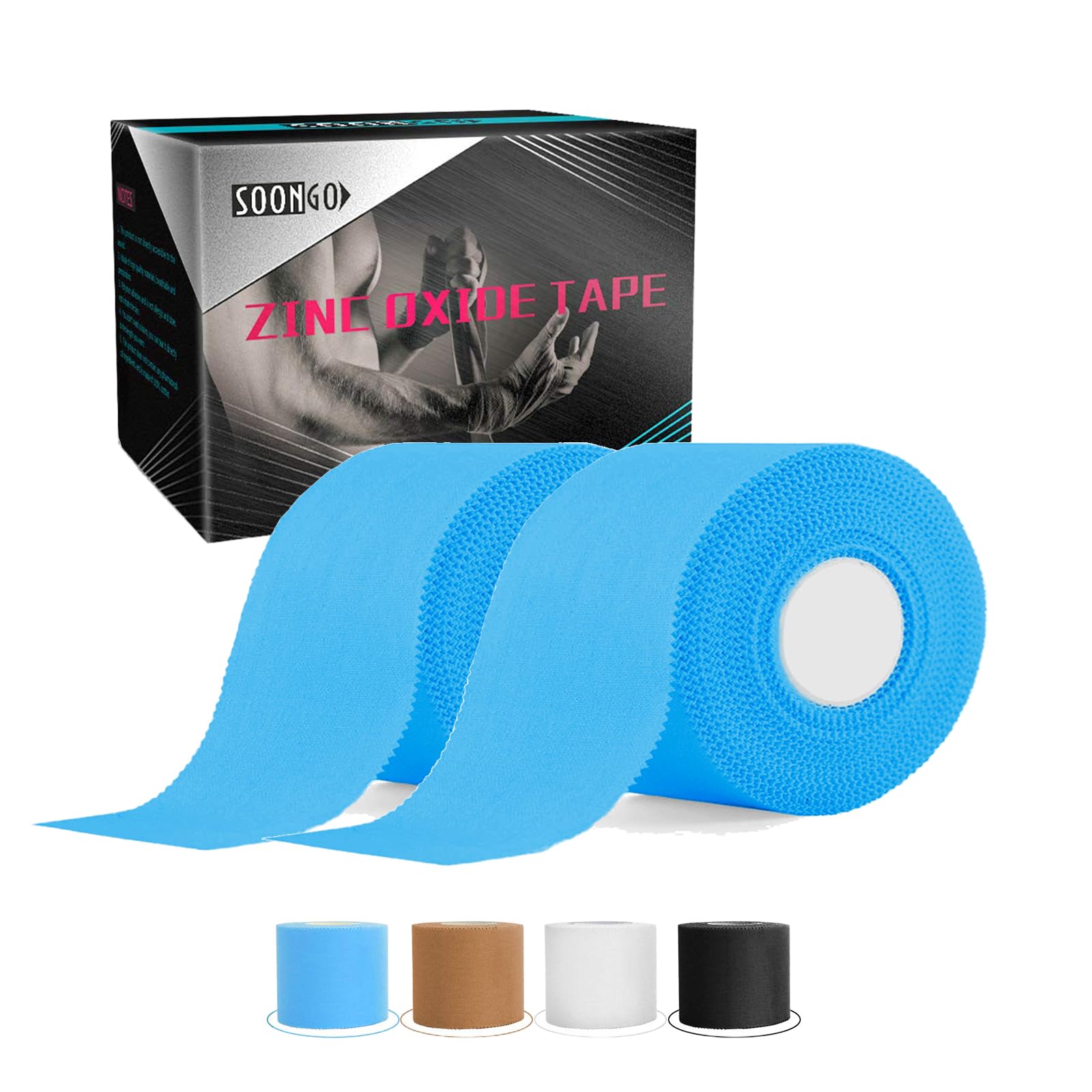 SOONGO Zinc Oxide Tape 5cm x 10m Blue 2 Rolls Sports Strapping Athletic Tape Inelastic Provide Maximum Support Fixed Joint Good Viscosity Hypoallergenic