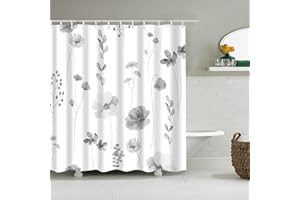 Mantto Grey Shower Curtain Watercolor Plant Leaves with Floral Fabric Bathroom Shower Curtain Set with Hooks 72Wx72H(DP2402)