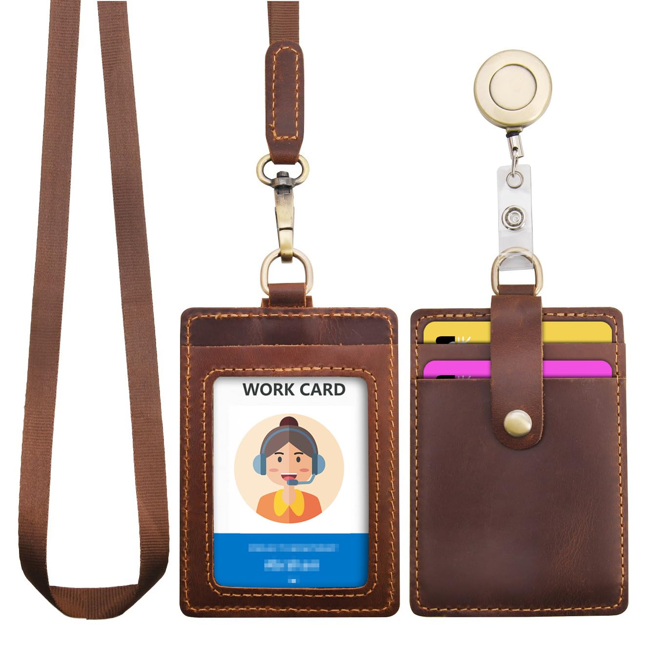 Wonderpool ID Badge Holder Genuine Leather Card Slots Case with Detachable Neck Lanyard and Retractable Badge Reel for Office School Hospital Exhibition ID & Driver Licence (Coffee)