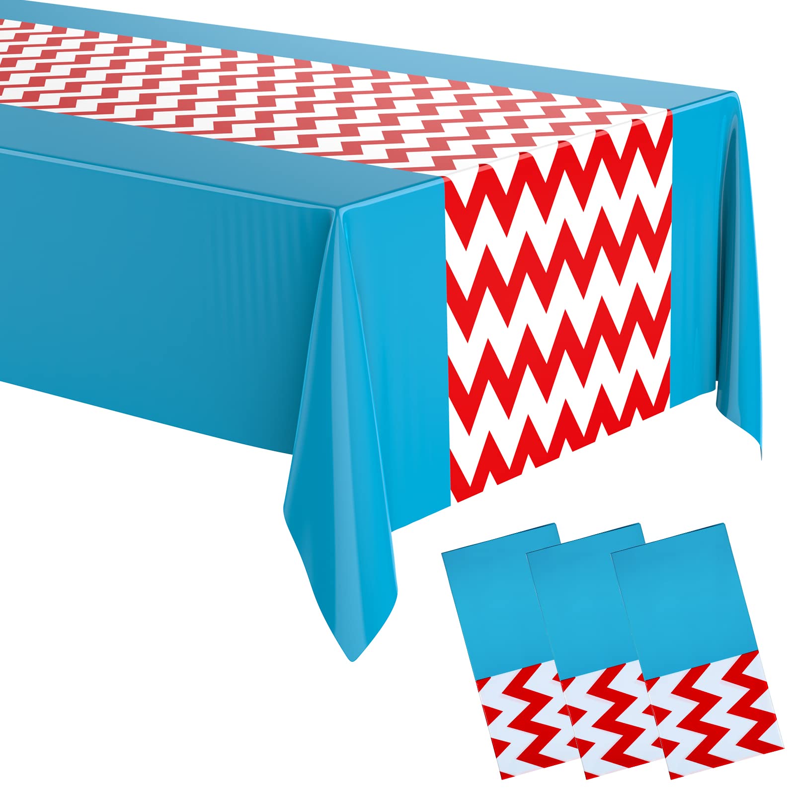 Photo 1 of Irenare 3 Pcs Striped Tablecloth Disposable Plastic Tablecloth 54 x 108 Red and White Striped Blue Decorations Table Cover Baby Shower Party Decorations for Camping Birthday Wedding