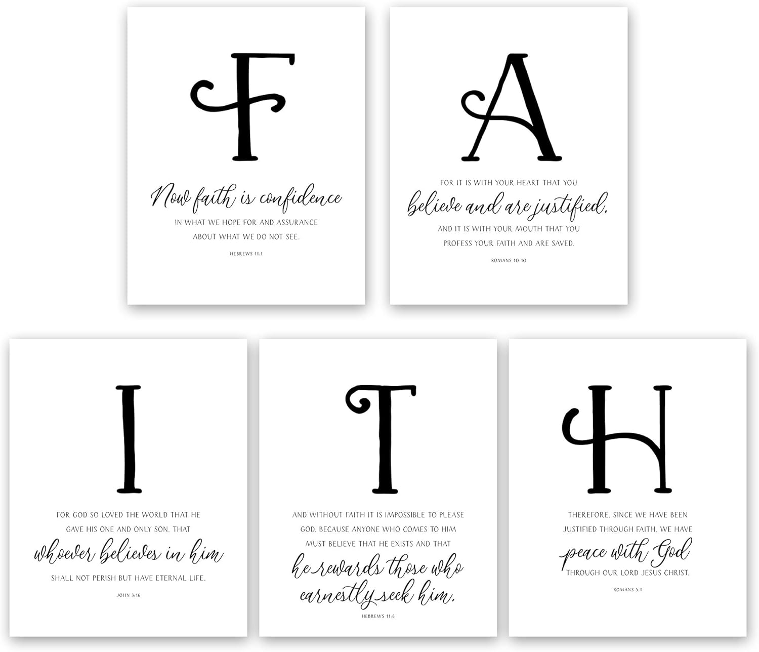 FAITH Wall Decor - Inspirational Scripture Wall Art - Hand Lettering Bible Verses Wall Decor - Christian Wall Decor (5 Piece Wall Art Set: John 3 16 Wall Art, Hebrews 11 1 Wall Art) (8x10 Unframed)