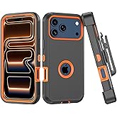 TMIDVFV Compatible with iPhone 17 Pro Max Case, with Belt Clip Holster Heavy Duty Rugged Shockproof Full Body Protection Kickstand Cover for iPhone 17 Pro Max Phone (Black+Orange)