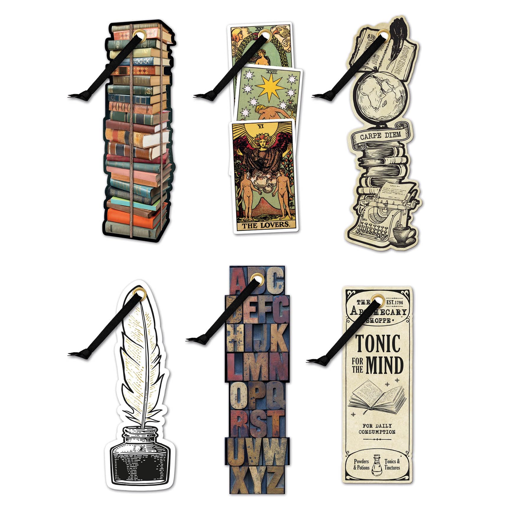 IF Academia Set 2 (6pcs) Bookmarks: Pile of Books, Tarot, Carpe Diem, Quill & Ink, Tonic for The Mind, Letter Press - Cardboard with Brass Eyelets and Ribbon