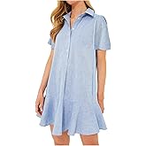YEXPINE Women's Button Down Shirt Dress Summer Casual Short Sleeve Cotton Linen Ruffle Shift Mini Dresses