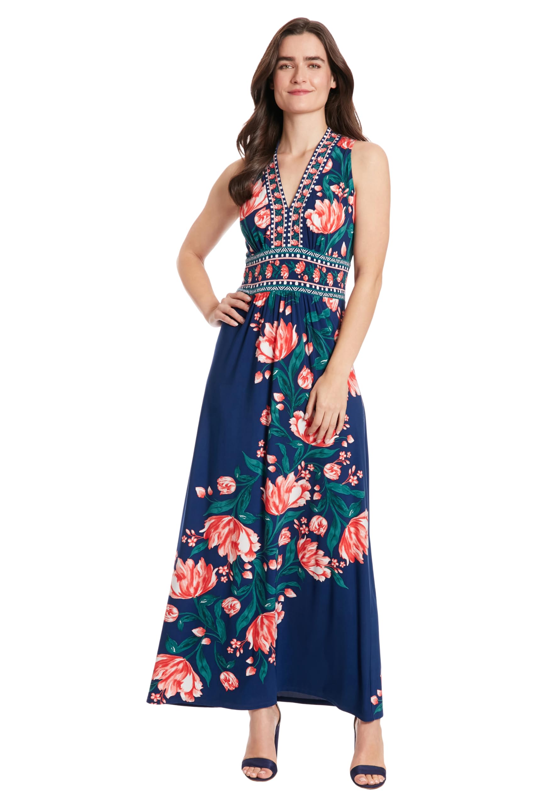 London Times Women’s Dresses Sleeveless V-Neck Maxi Dress for Women | Casual Dresses for Women, Navy/Hot Coral, 12
