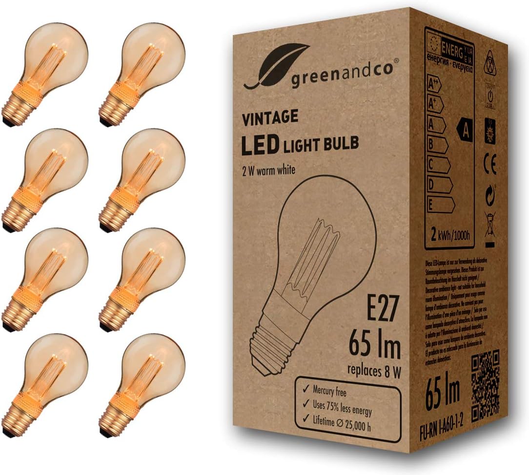 greenandco 8X Decorative LED Vintage Light Bulb, E27 A60 Amber, 8 Count (Pack of 1)
